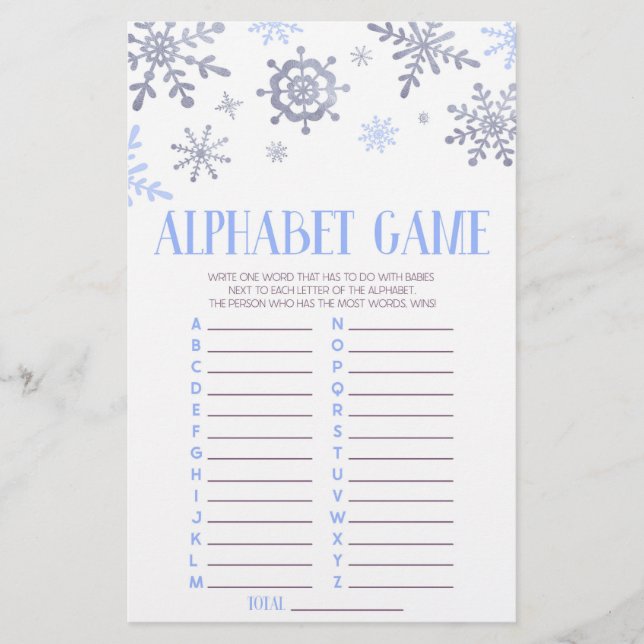 Blue Snowflake Alphabet Baby Shower Game Stationery (Front)