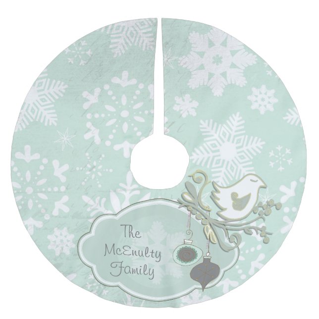 Blue Snowflake and Bird Holiday Tree Skirt (Front)