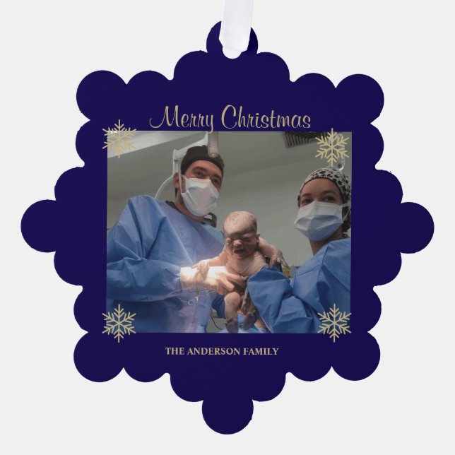 Blue Snowflake Baby Hospital Newborn Photo  Tree Decoration Card (Front)