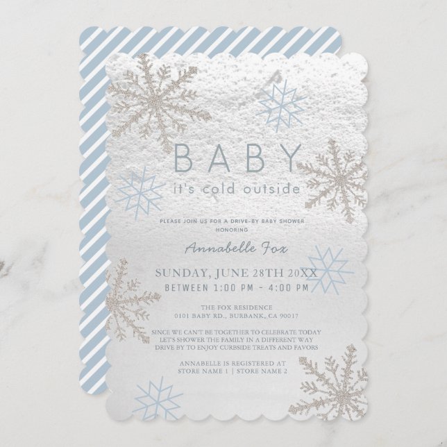 Blue Snowflake Baby Its Cold Drive-by Baby Shower Invitation (Front/Back)