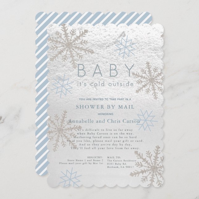 Blue Snowflake Baby Its Cold Shower by Mail Invitation (Front/Back)