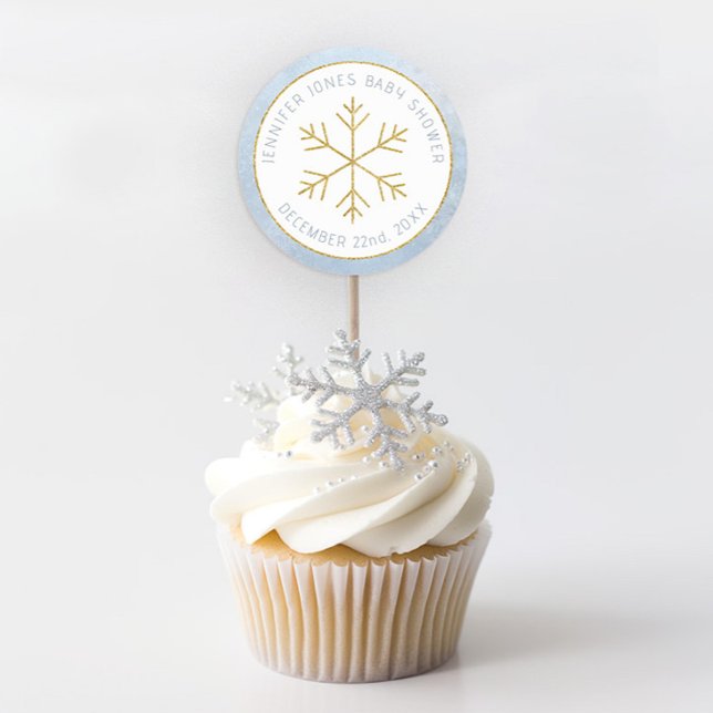 Blue Snowflake Baby Shower Favour Sticker (Winter Wonderland Baby Shower Favor Sticker - Dusty Blur & Glitter Gold)
