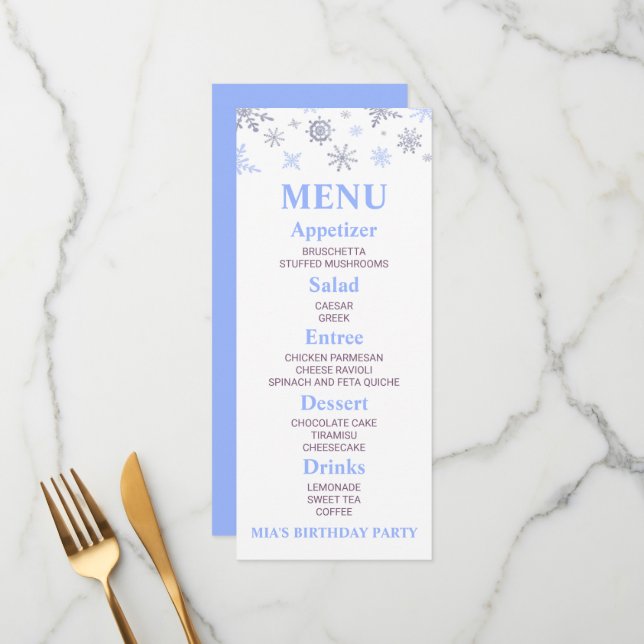 Blue Snowflake Birthday Party Food Menu (Front/Back In Situ)