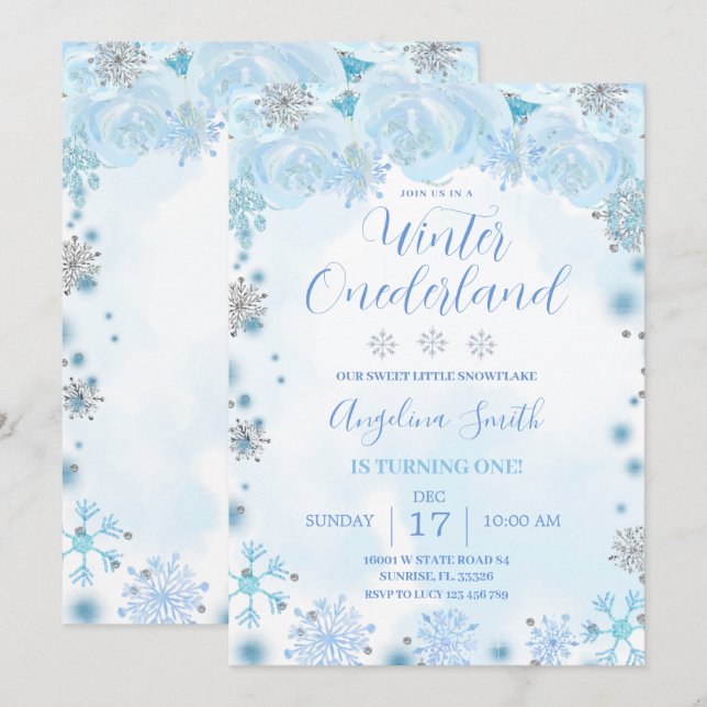 Blue Snowflake Birthday Winter Onederland  Invitation (Front/Back)
