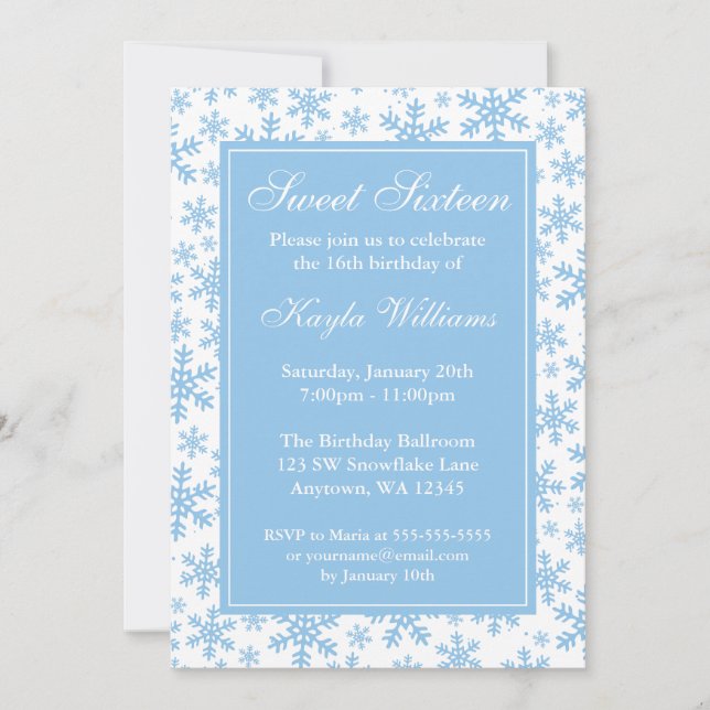 Blue Snowflake Border Winter Wonderland Sweet 16 Invitation (Front)