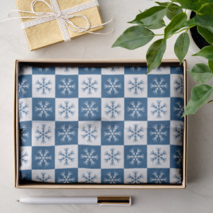 Blue Snowflake Chequered Pattern Christmas Holiday Tissue Paper