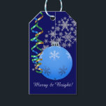 Blue Snowflake Christmas Bulb Gift Tags<br><div class="desc">This is a pretty Holiday gift tag which features a pretty light blue snowflake Christmas tree bulb against a dark blue sky. A shower of silver snowflakes falls behind the bulb, and bright blue, green, and gold curled ribbon strands decorate the left side. Festive! The back of the tag is...</div>