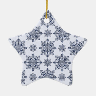 Blue Snowflake Damask Pattern Ceramic Ornament