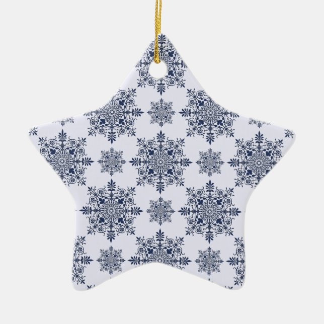 Blue Snowflake Damask Pattern Ceramic Ornament (Front)