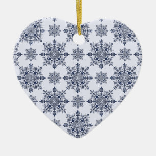 Blue Snowflake Damask Pattern Ceramic Ornament