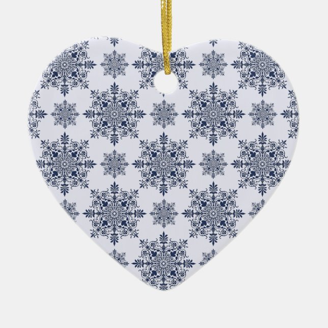 Blue Snowflake Damask Pattern Ceramic Ornament (Front)