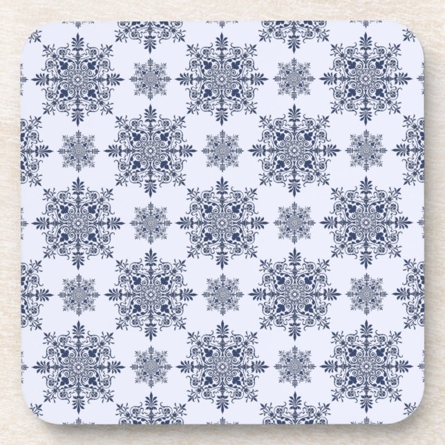 Blue Snowflake Damask Pattern Coaster (Front)