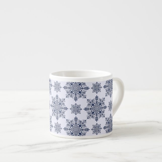 Blue Snowflake Damask Pattern Espresso Cup (Front Right)