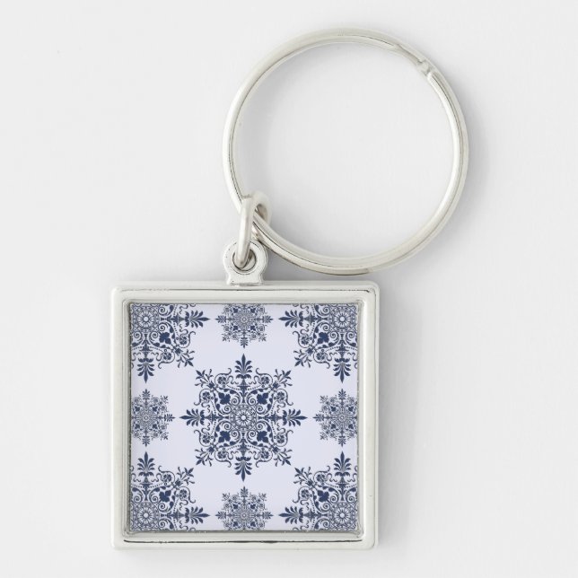 Blue Snowflake Damask Pattern Key Ring (Front)