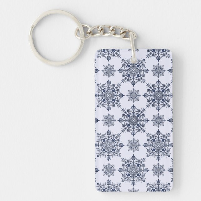 Blue Snowflake Damask Pattern Key Ring (Front)