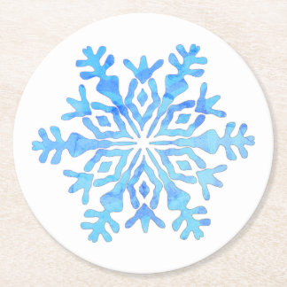 Blue snowflake design round paper coaster