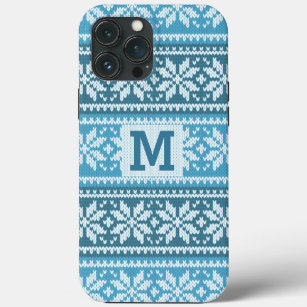 Blue Snowflake Faux Knit Sweater Pattern Monogram  iPhone 13 Pro Max Case