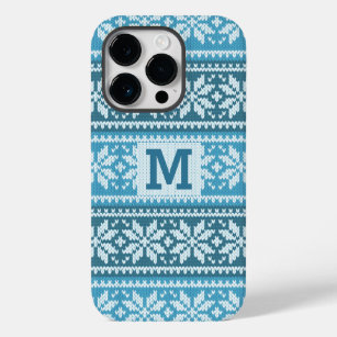 Blue Snowflake Faux Knit Sweater Pattern Monogram  Case-Mate iPhone 14 Pro Case