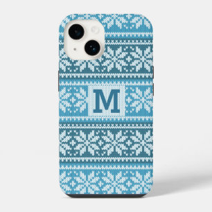 Blue Snowflake Faux Knit Sweater Pattern Monogram iPhone 14 Case