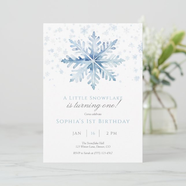 Blue Snowflake First Birthday Invitation  (Standing Front)