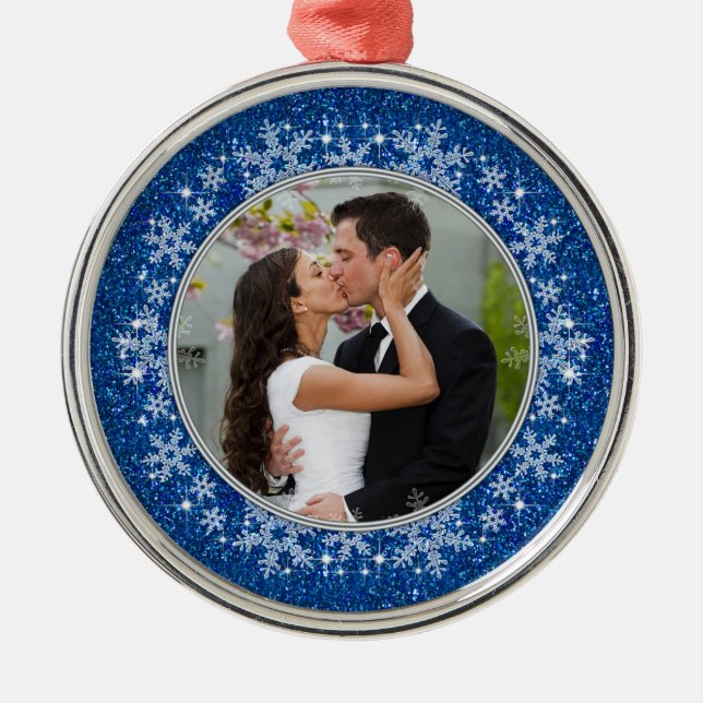 Blue Snowflake First Christmas Together Photo Metal Ornament (Front)
