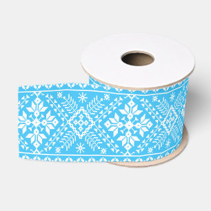 Blue Snowflake & Floral Fair Isle Christmas Grosgrain Ribbon