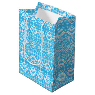 Blue Snowflake & Floral Fair Isle Christmas Medium Gift Bag