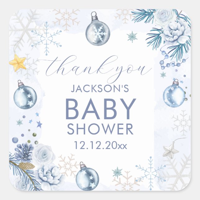 Blue Snowflake Flower Winter Baby Shower  Square Sticker (Front)