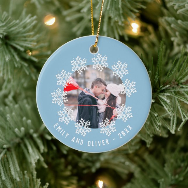Blue Snowflake Frame Couple Keepsake Photo Ceramic Ornament (Tree)