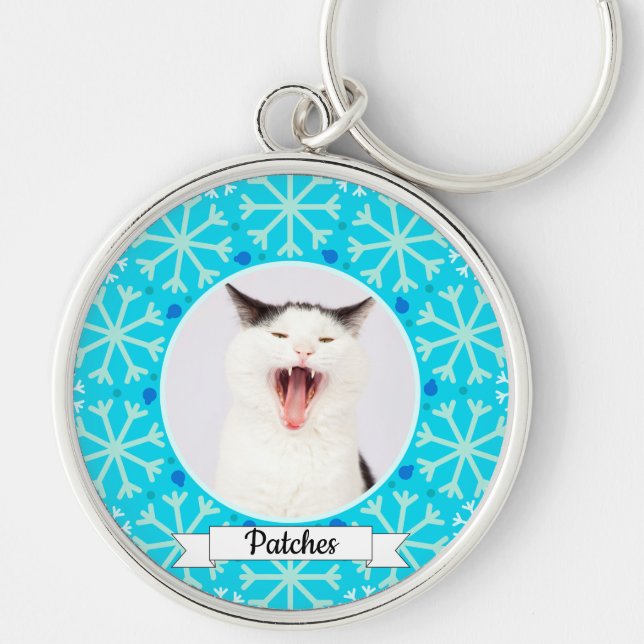 Blue Snowflake Frame Customisable Kitty Key Ring (Front)