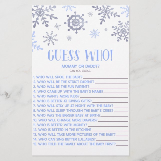 Blue Snowflake Guess Who! Baby Shower Game Stationery (Front)