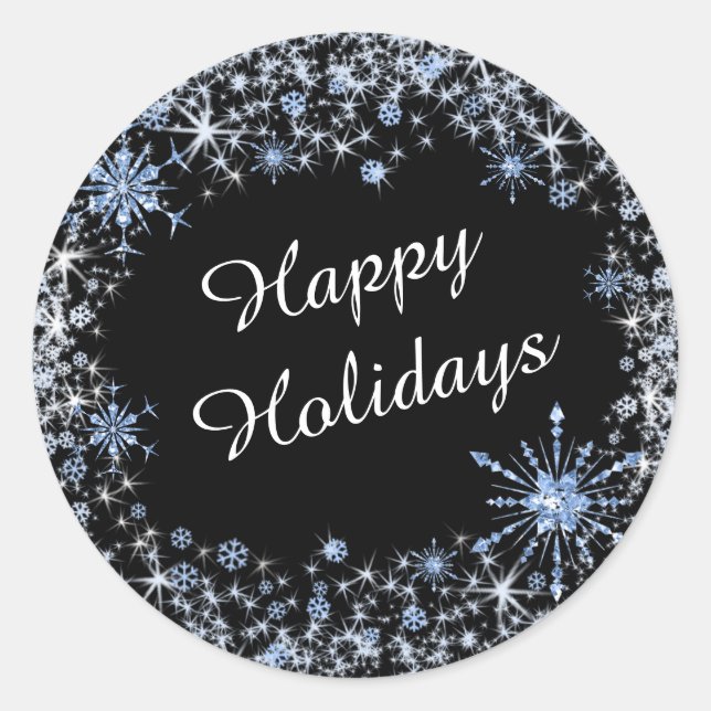 Blue Snowflake Happy Holidays Classic Round Sticker (Front)