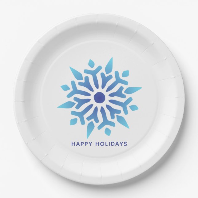 Blue Snowflake Happy Holidays Paper Plate (Front)