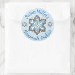 Blue Snowflake Holiday Sugar Cookie Baked Made By Classic Round Sticker<br><div class="desc">Sticker design features an original marker illustration of a delicious blue snowflake sugar cookie. Just personalise with your information. Ideal for Hanukkah or Christmas cookie gifting.

Don't see what you're looking for? Need help with customisation? Contact Rebecca to have something designed just for you.</div>