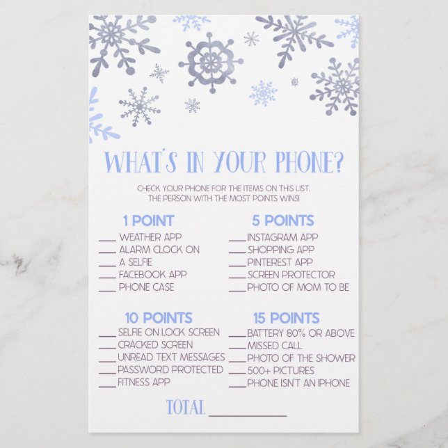 Blue Snowflake In Your Phone Baby Shower Game Stationery (Front)