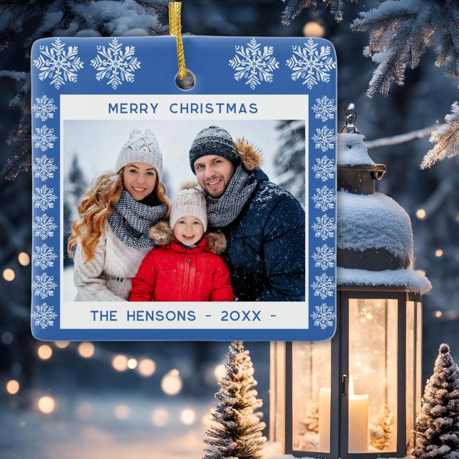 Blue Snowflake Merry Christmas Family Photo Ceramic Ornament (Creator Uploaded)