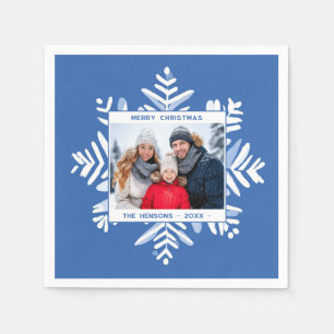 Blue Snowflake Merry Christmas Family Photo Holida Napkin
