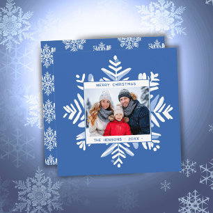 Blue Snowflake Merry Christmas Family Photo Holiday Card