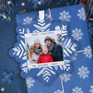 Blue Snowflake Merry Christmas Family Photo Tree Decoration Card