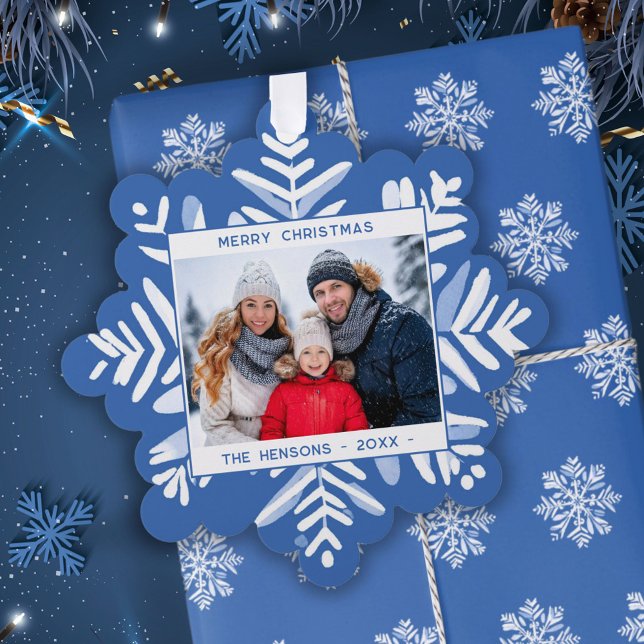 Blue Snowflake Merry Christmas Family Photo Tree Decoration Card (Creator Uploaded)
