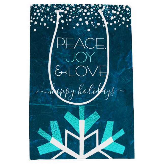Blue Snowflake Modern Peace Joy Love Typography Medium Gift Bag (Front)