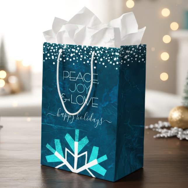 Blue Snowflake Modern Peace Joy Love Typography Medium Gift Bag (Creator Uploaded)