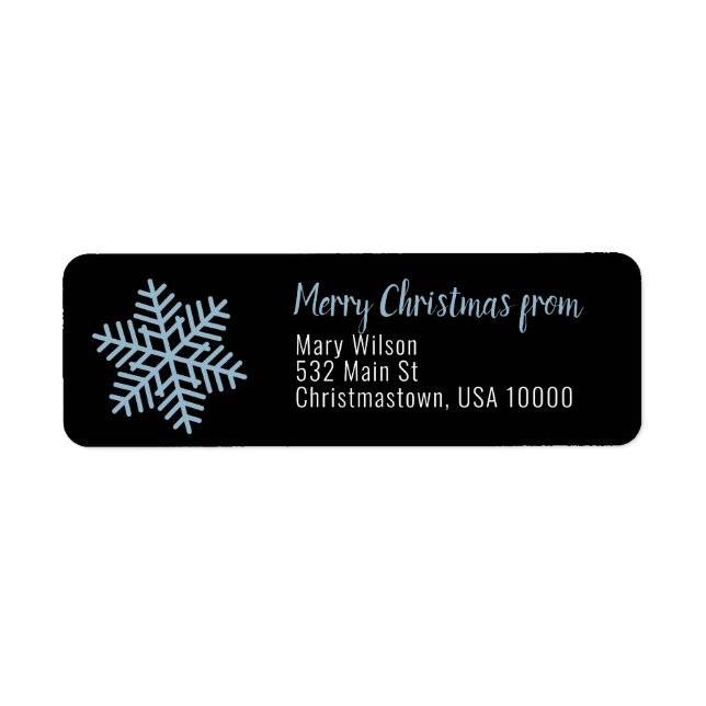 Blue Snowflake on Black Background Christmas Return Address Label (Front)
