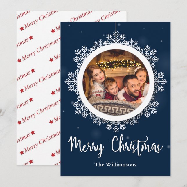 Blue Snowflake Ornament Christmas Photo Holiday Card (Front/Back)