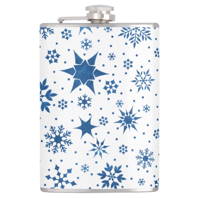Blue Snowflake Pattern Hip Flask (Front)