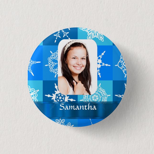 Blue snowflake pattern photo template 3 cm round badge (Front)