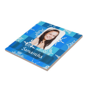 Blue snowflake pattern photo template ceramic tile