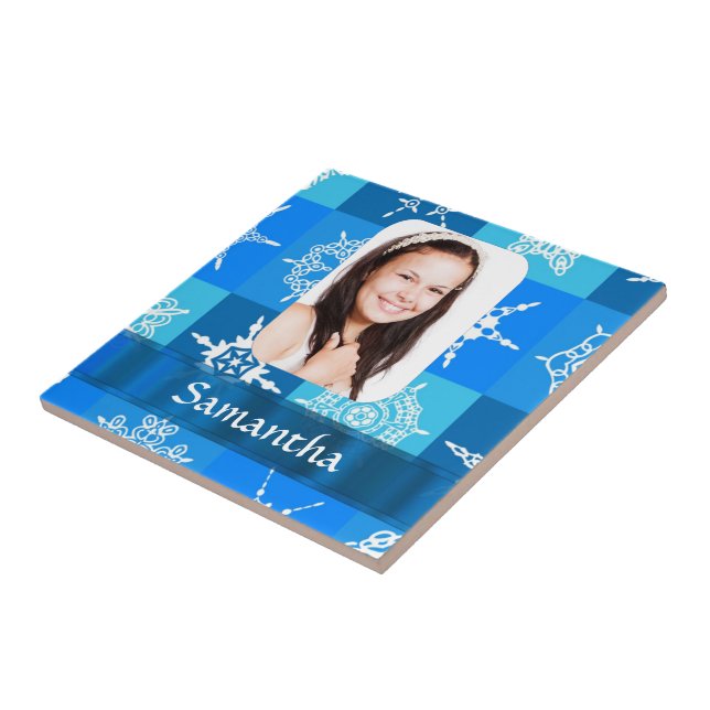Blue snowflake pattern photo template ceramic tile (Side)