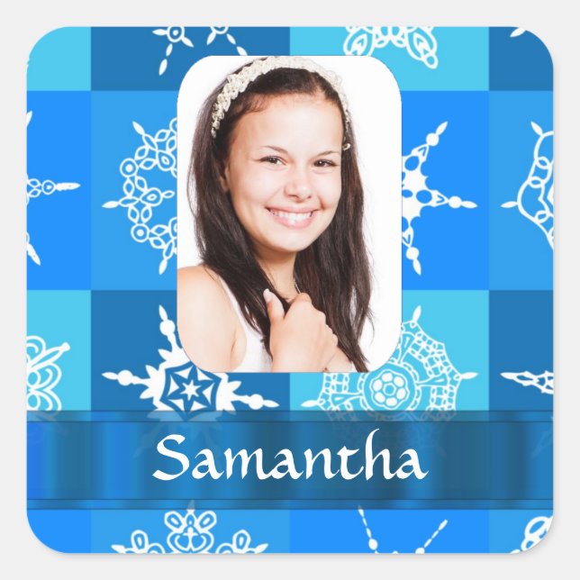 Blue snowflake pattern photo template square sticker (Front)