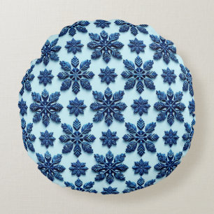 Blue Snowflake Patterned Background Round Cushion